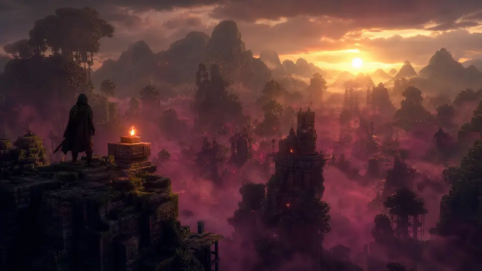 An adventurer beside a flame altar overlooking a valley swallowed by the Shroud
